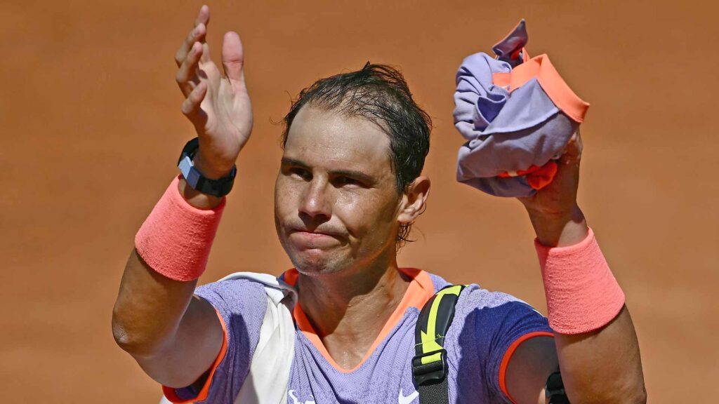 Rafael Nadal salutes the fans in Rome after his second round loss to Hubert Hurkac at the Internazionali BNL d'Italia.