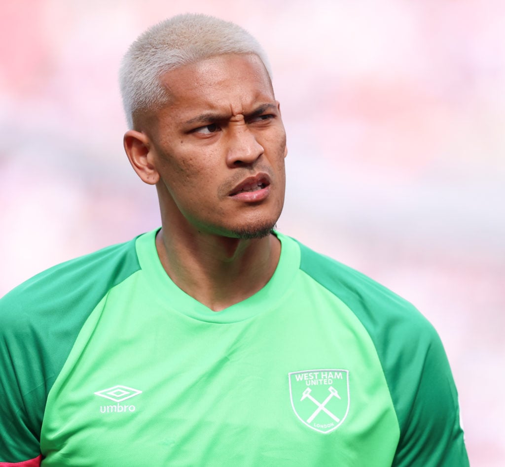 Alphonse Areola of West Ham United during the Premier League match between West Ham United and Luton Town at the London Stadium on May 11, 2024 in Lo...